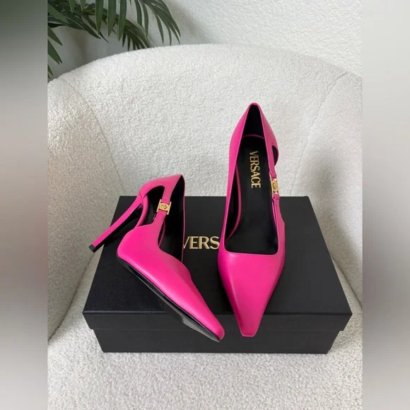 Versace Pink Leather Heels 100cm Size 38 - Picture 2 of 7